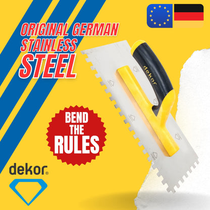 DEKOR Notched Trowel - 12" x 4.75" - Square Notch 5/16" - German Stainless Steel - Plastic Handle