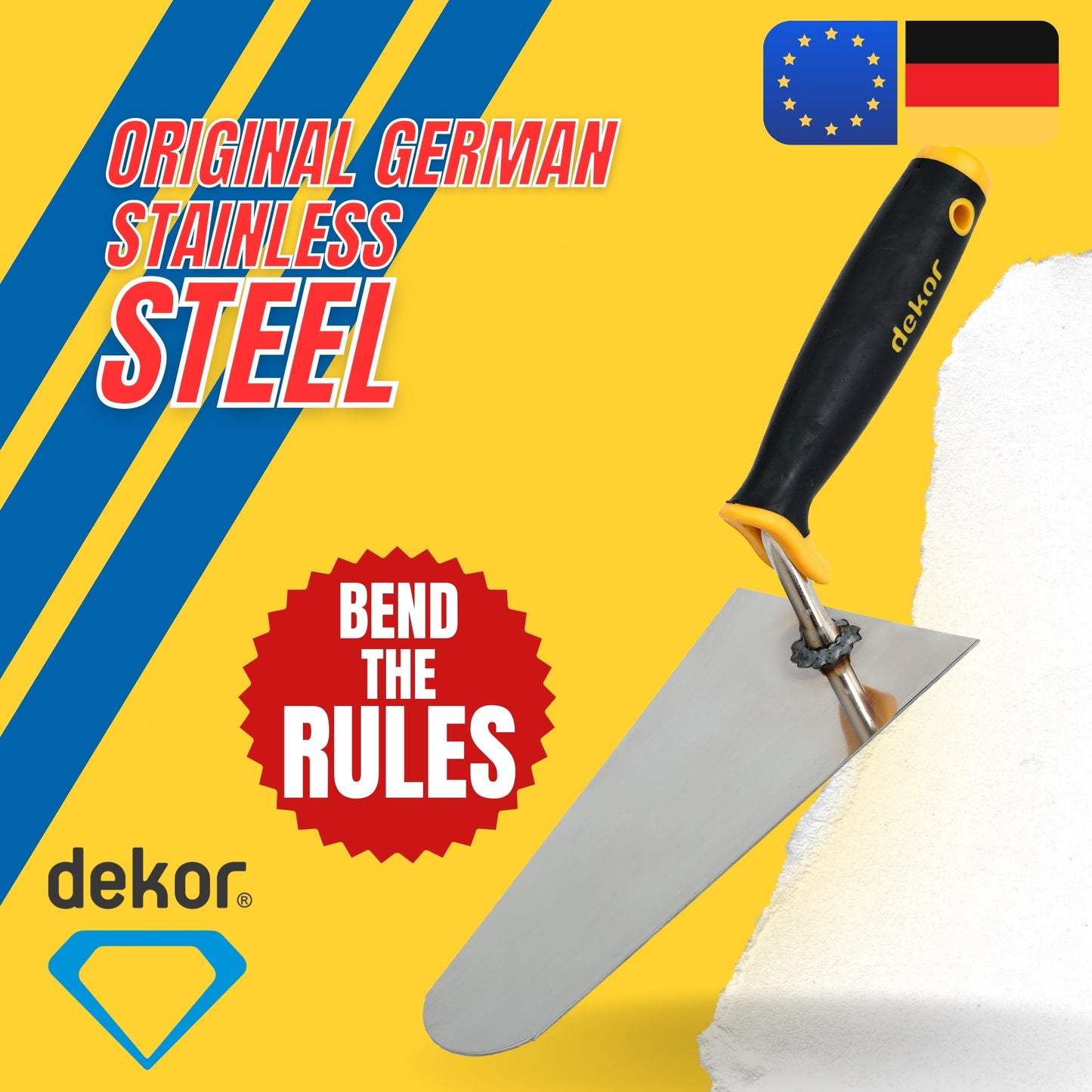 DEKOR Plaster and Brick Trowel - 8" - German Stainless Steel - Soft Grip