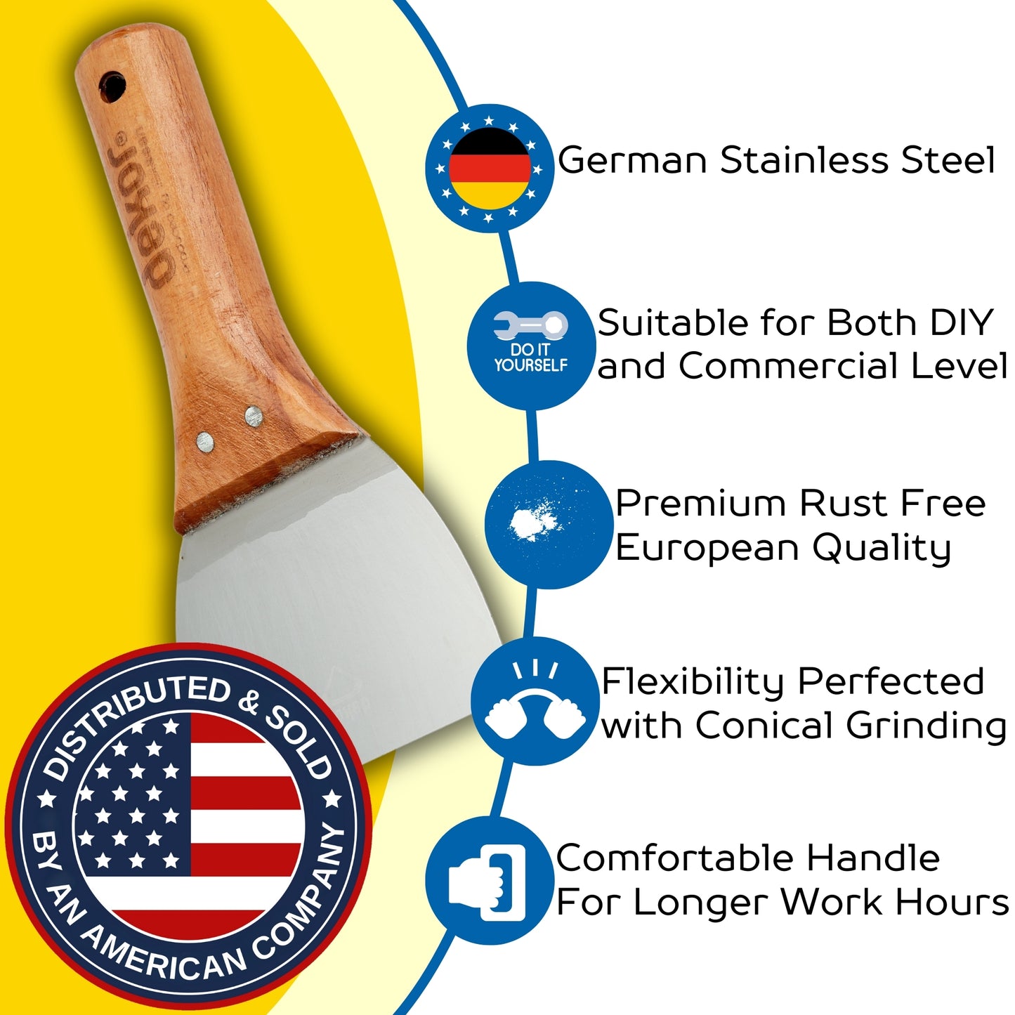 DEKOR Putty Knife - 3.15" - German Stainless Steel - Wooden Handle