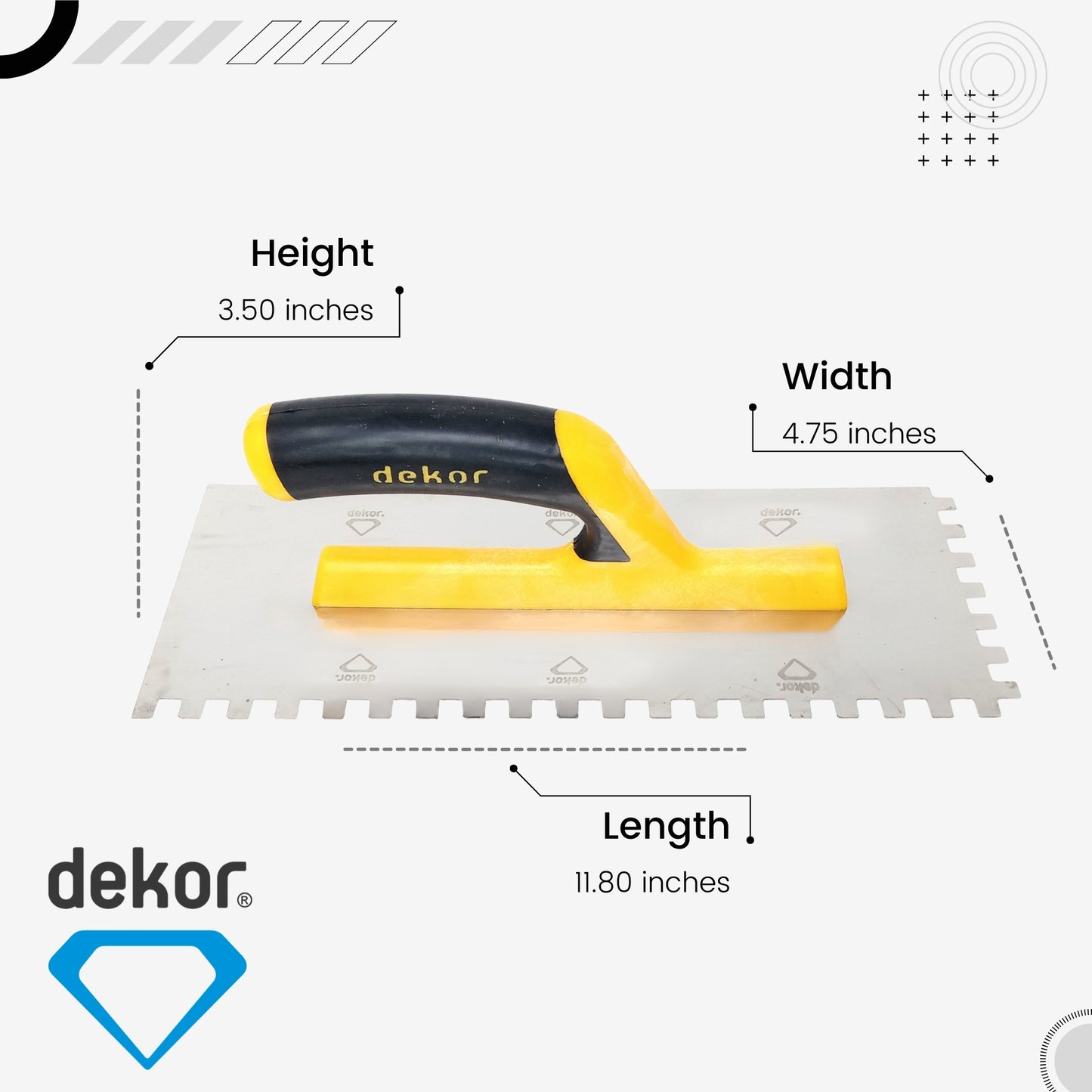 DEKOR Notched Trowel - 12" x 4.75" - Square Notch 5/16" - German Stainless Steel - Plastic Handle